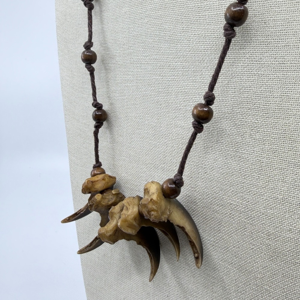 Animal Claw Look Bone Pendant Wood Bead Brown Cord Necklace Tribal Gothic Boho - Picture 6 of 12